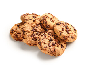 Tasty cookies with chocolate chips on white background