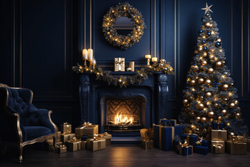 Luxury interior of living room with decorated Christmas tree and fireplace in dark blue colors.
