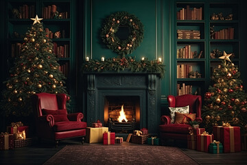 Decorated Christmas home interior with fireplace and Christmas tree. Generative AI