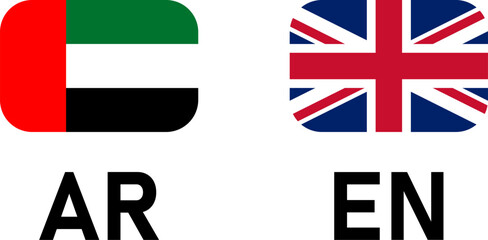 Flag Icon Pair including UK United Kingdom and UAE United Arab Emirates Flags for English and Arabic Language Selection Symbol Button. Vector Image.