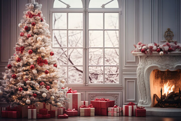 Fototapeta na wymiar Christmas tree and gifts in living room interior. Generative AI