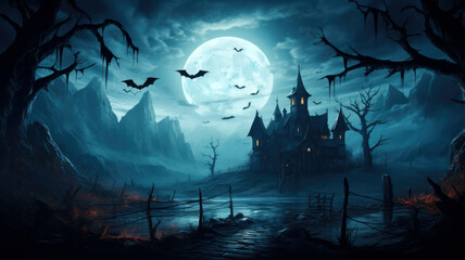 Haunted house with bats in fairy tale forest on scary Halloween night