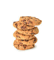 Tasty cookies with chocolate chips on white background