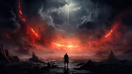 Foto op Canvas Silhouette of person against strange fire in sky, fantasy epic scene © karina_lo