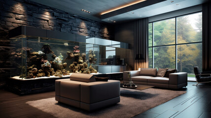 Modern interior with large aquarium, luxury living room of rich house - obrazy, fototapety, plakaty