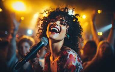 Woman singer out at a concert at night, surrounded by colorful lights and a sea of enthusiastic...