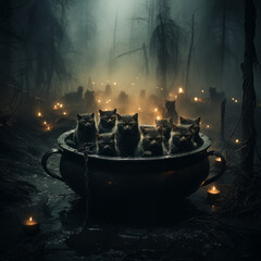In the style of a witches' coven, amidst a misty forest, black cats gather around a bubbling cauldron, creating an enchanting scene straight out of a magical tale. - obrazy, fototapety, plakaty