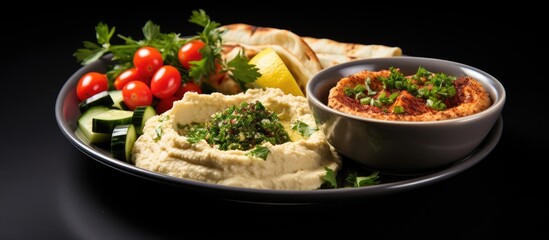 Fototapeta premium Lebanese cuisine mezze starters including hummus salad manouche