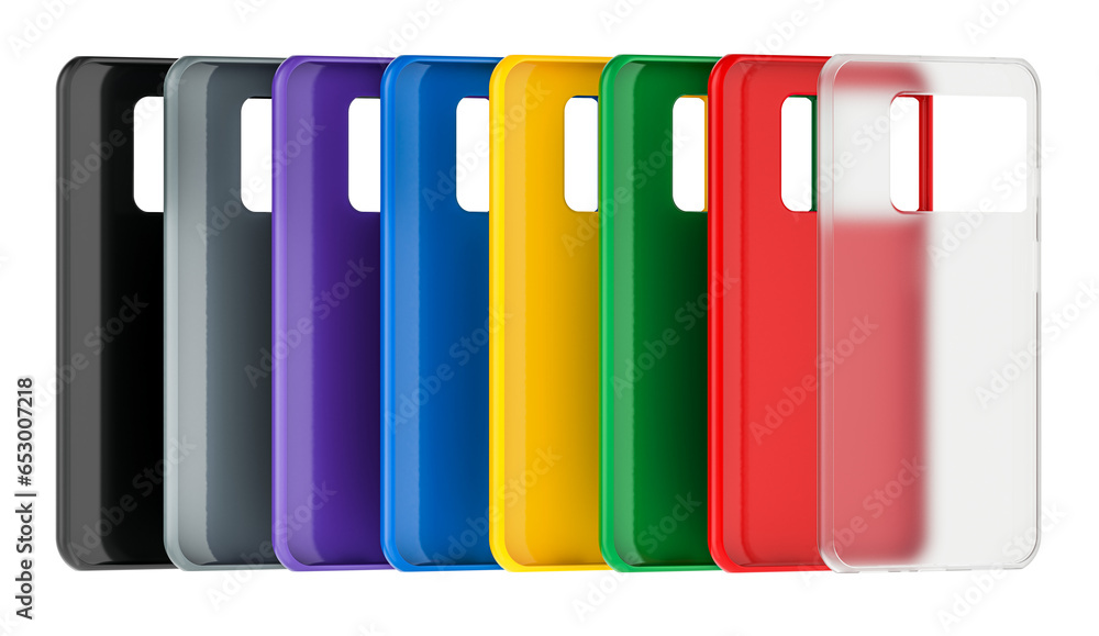 Poster colored silicone cases for smartphones. mobile phone cases, 3d rendering isolated on transparent bac