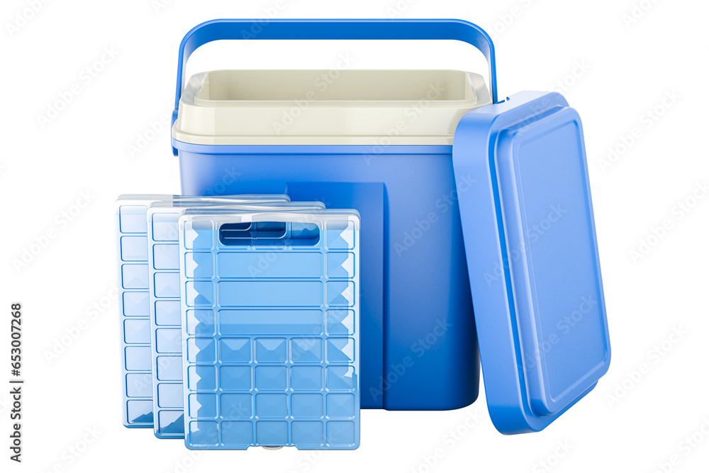 Poster portable ice cool box with freezer blocks, mini cooler portable with freezer blocks. 3d rendering is