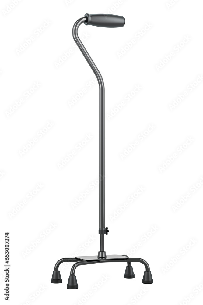 Poster quad walking cane. basic aluminum quad cane with small base and foam handle, 3d rendering isolated o
