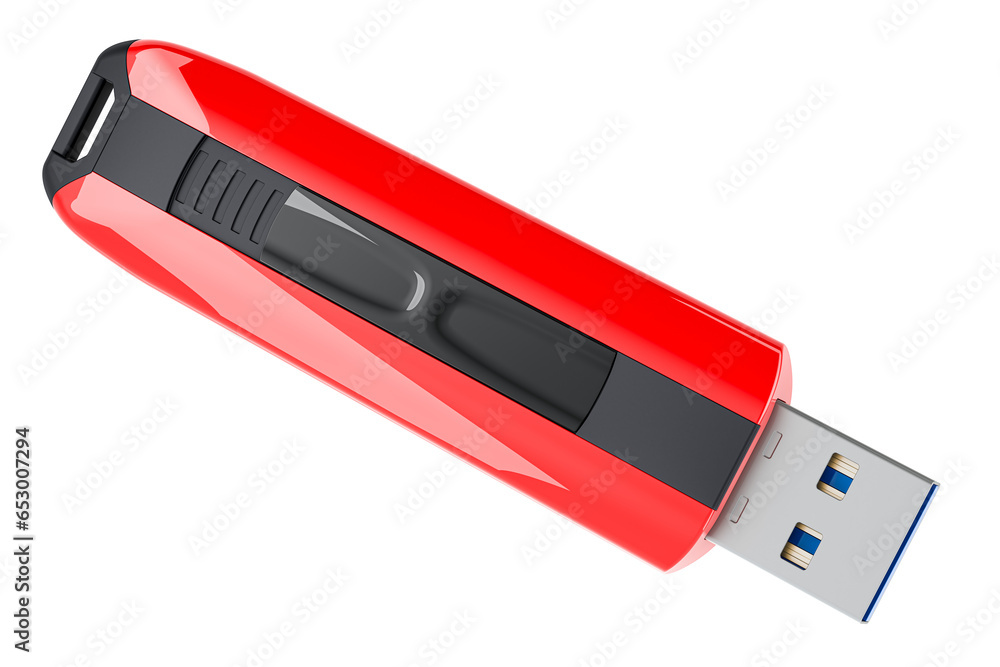 Poster usb flash drive, red color. 3d rendering isolated on transparent background
