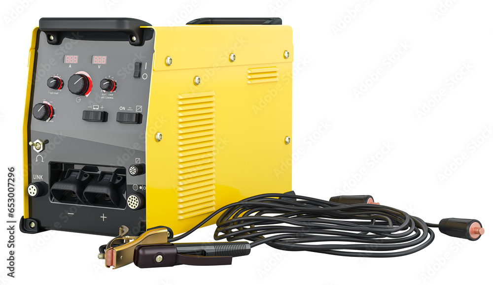 Poster welding machine with work cables and clamps. 3d rendering isolated on transparent background