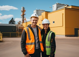 two engineers of different ethnicity with a smiling attitude next to a recycling plant, sustainability concept