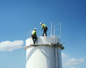 two technicians on top of a structure that will be a wind turbine, renewable concept.