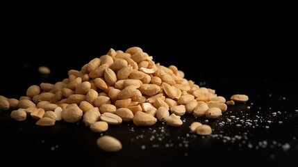 Peanuts isolated on black background. Heap of peanuts closeup, beer snack