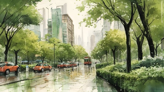 Amidst the bustling city, a tranquil street lined with lush trees and parked cars is brought to life through a vibrant painting, capturing the beauty of nature and urban living amidst a gentle rain