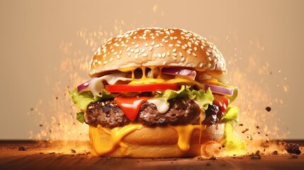 hamburger on a plate - obrazy, fototapety, plakaty
