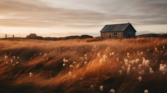 Brown wooden house in the middle of grass field. a tranquil and peaceful landscape of the countryside and a friendly wooden cabin. generative AI
