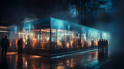 IT business convention, demonstration booth. Long exposure. 
