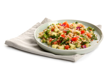 Plate with delicious tabbouleh salad on white background