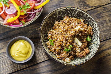 Buckwheat porridge in a bowl above
