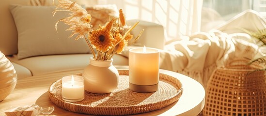 Birds eye view of a bohemian style living room with wicker furniture natural materials a bamboo table candles and dry flowers in a cozy apartment