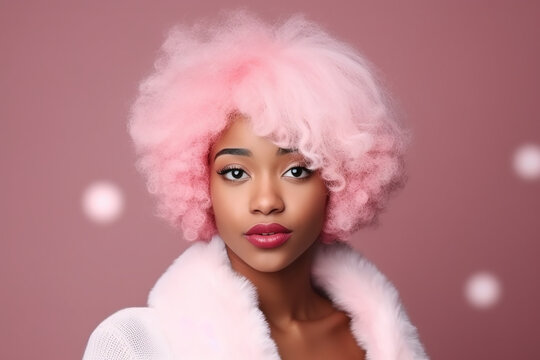 Afro-american woman with pink hair at a pink party. Generative AI