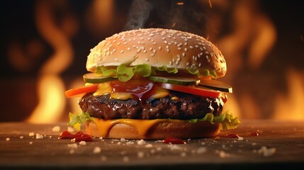 hamburger on a black background - obrazy, fototapety, plakaty