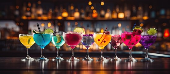 Vibrant drinks on table in dining establishment - obrazy, fototapety, plakaty