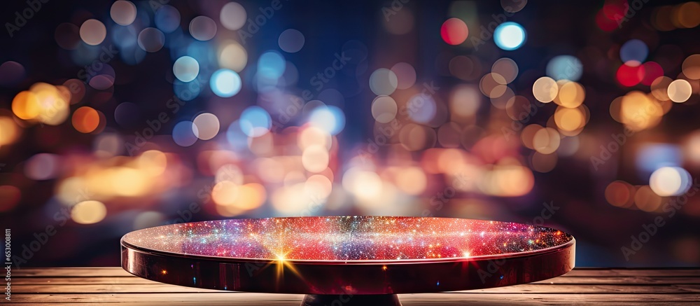 Poster blurry bokeh background at an empty table board colorful lighting laser beams and spotlight show for