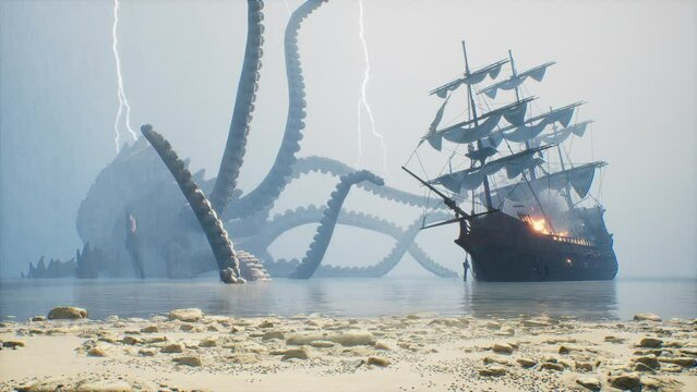 During a raging storm and tempest, a colossal Kraken, a medieval ship's bane, launches its monstrous tentacles from the depths, attacking a medieval ship in a terrifying spectacle.
