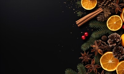 Obraz na płótnie Canvas Merry Christmas greeting card with oranges and cinnamon