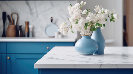Vase with fresh spring flowers on dinning table on the background of modern kitchen in Scandinavian interior style. Light white blue colors. 