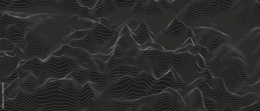 Poster abstract background with distorted line shapes on a black background. monochrome sound line waves.