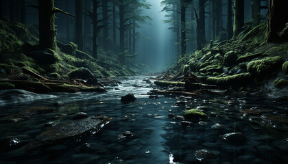 Mysterious fog blankets tranquil forest, revealing nature dark beauty generated by AI