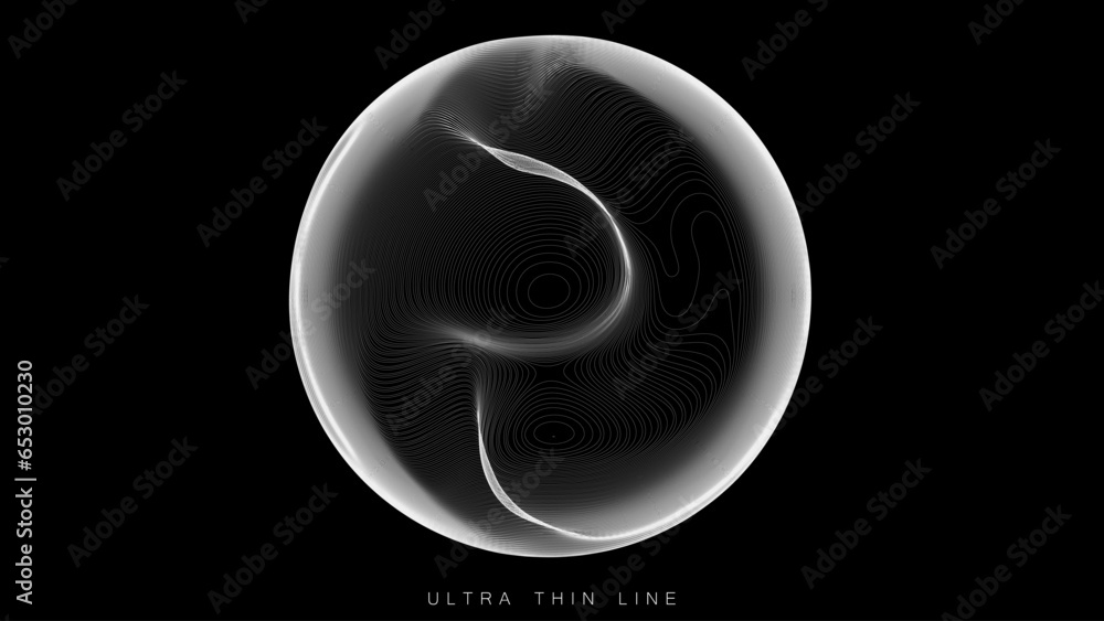 Poster ultra thin line fluid geometry. dynamic vector distorted spheres.