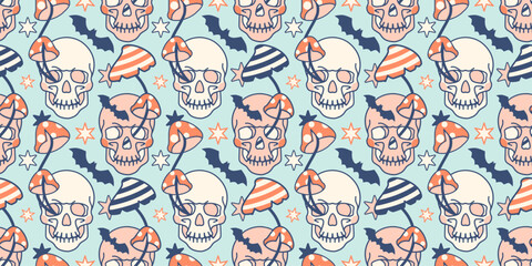 Seamless wallpaper with fun skull and fungies. Funny horror concept and cool shrooms on background for fabric. Day of the dead tile decoration. Fun hippy backdrop for Halloween.