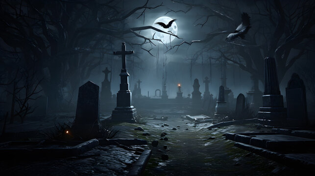 Halloween generative AI image of a dark and eerie cemetery, shadows flicker in the moonlight, casting a strange glow over the gravestones. Tombstones seem to loom over the scene