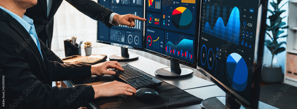 Poster analyst working on data analysis or bi dashboard on computer monitor. business team analyzing financ
