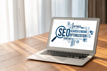 SEO search engine optimization for modish e-commerce and online retail business showing on computer...