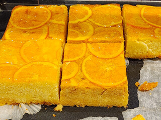 slices of cake on display in the shop