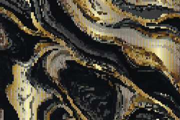 Halftone liquid waves muir mural droplets coastlines stripes textured mosaic pattern. Beautiful ornamental wavy lines vector background. Modern half tone luxury ornaments in gold black colors
