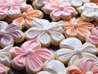 Freshly baked decorated spring flower gourmet cookies frosted in pastel colors.  homemade cookies for party treat dessert gift birthday present 