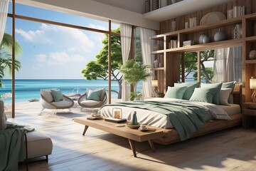 Fototapeta premium Experience unparalleled relaxation in this modern bedroom, perfectly poised to embrace the beach's scenic beauty. Neutral undertones with bursts of oceanic blues and greens harmonize with nature