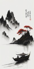 boat on the sea, japanese style ink painting