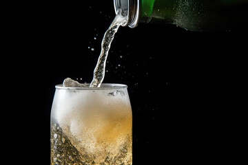 Close-up of cream soda beverage being poured into a glass isolated on a black background. Carbonated drink is pouring, drops, bubbles.  - obrazy, fototapety, plakaty