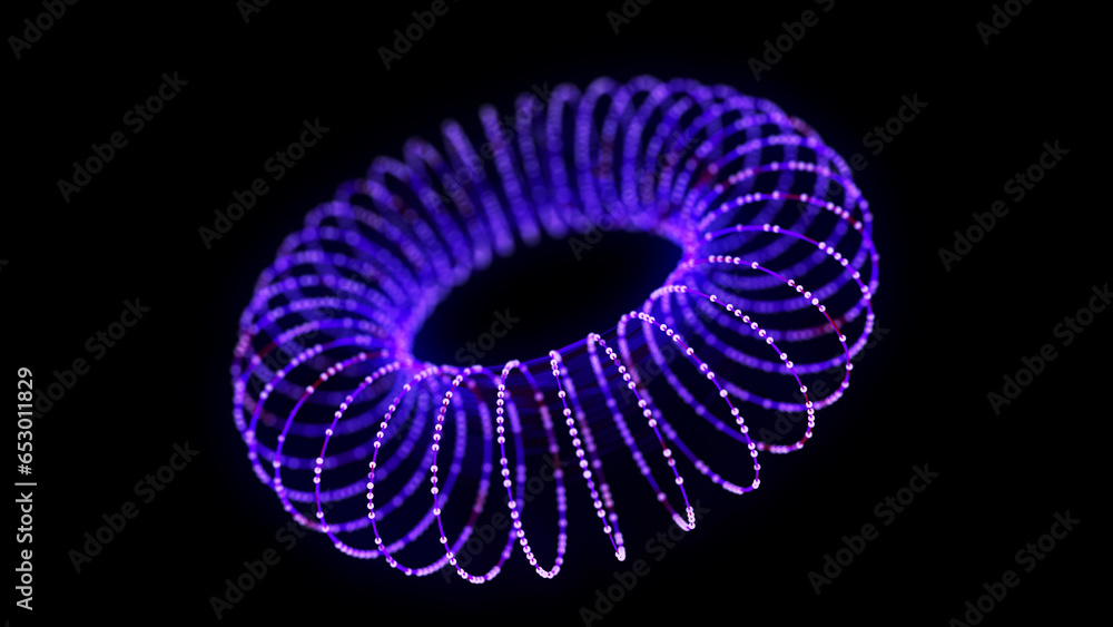 Poster abstract blue torus on black background. wireframe circle structure with glowing particles and lines