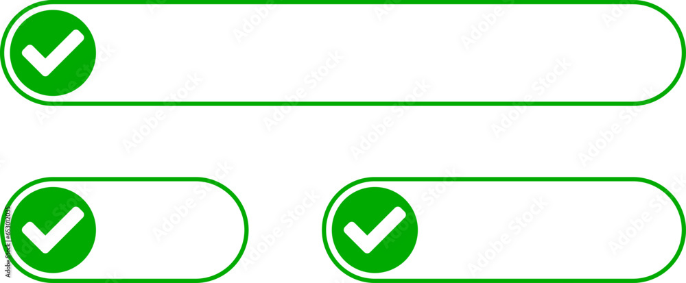 Poster green toggle slider style tick checkmark correct approved or accepted banner sign icon set with empt
