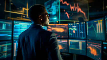 Trader on a stock exchange floor, using AI-powered algorithms and predictive analytics to make split-second investment decisions
